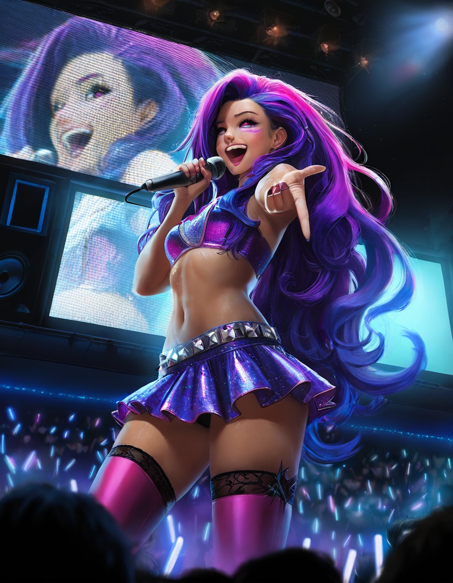 masterpiece,best quality,realisticSeraphine from League of Legends,1 girl,holding microphone,live concert,audience,tvs,happy,pink and purple hair,short skirt,thighhigh,
