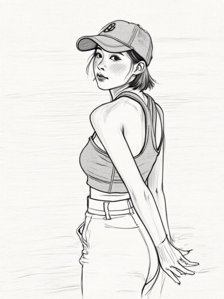 A pencil drawing of a young woman with a slender build, wearing a baseball cap, a sleeveless crop top, and high-waisted pants. She has short, dark hair and is looking over her shoulder with a thoughtful expression. The background is minimalistic and sketchy, with a horizontal line suggesting the ground. The drawing is detailed and realistic, with shading that adds depth and dimension. The woman's skin is fair, and her facial features are delicate. The overall mood is introspective and artistic., <lora:铅笔画_人物_flux版:1>