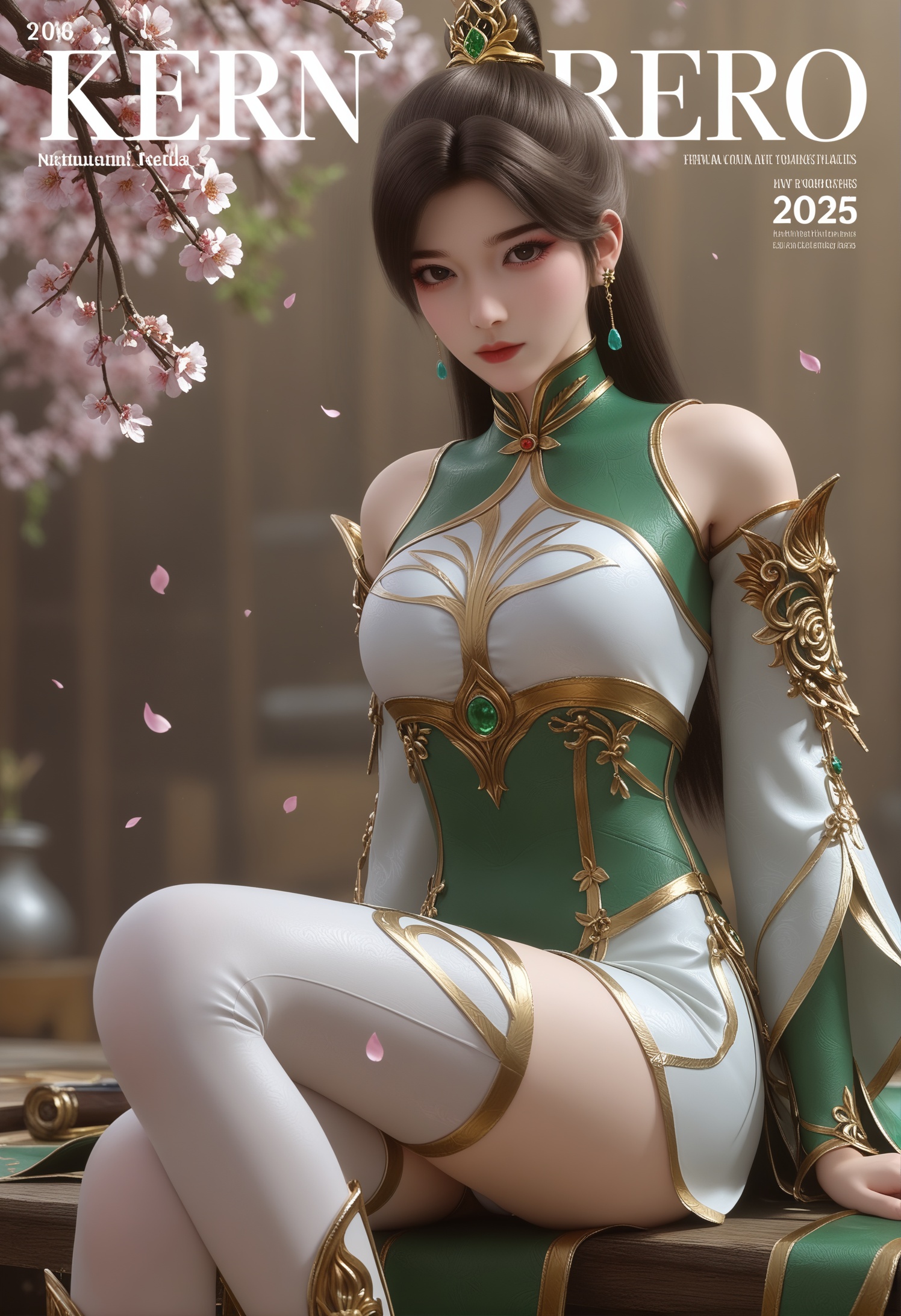 score_9,score_8_up,score_7_up,1girl,solo,(sitting:1.1),(full_shot:1.1),(magazine cover theme:1.05),(arms_behind_back:1.3),1girl,solo,realistic,dress,green dress,white dress,(skirt shorts:1.1),china dress,chinese clothes,armor,shoulder cutout,long sleeves,wide sleeves,qq 2551213441,gold trim,detached sleeves,white thighhighs,thighhighs,realistic,earrings,hair ornament,hair ribbon,ribbon,white ribbon,green gemstone,1girl,solo,realistic,long hair,brown hair,black hair,ponytail,black eyes,eyelashes,bare shoulders,hair bun,red lips,closed mouth,realistic,(advertising cover:0.8),grey_background,gradient_background,(white_background:0.9),falling petals,(depth of field:1.2),depth_of_field,(looking at viewer:1.1),<lora:小巳-婷玉pony:0.8>,
