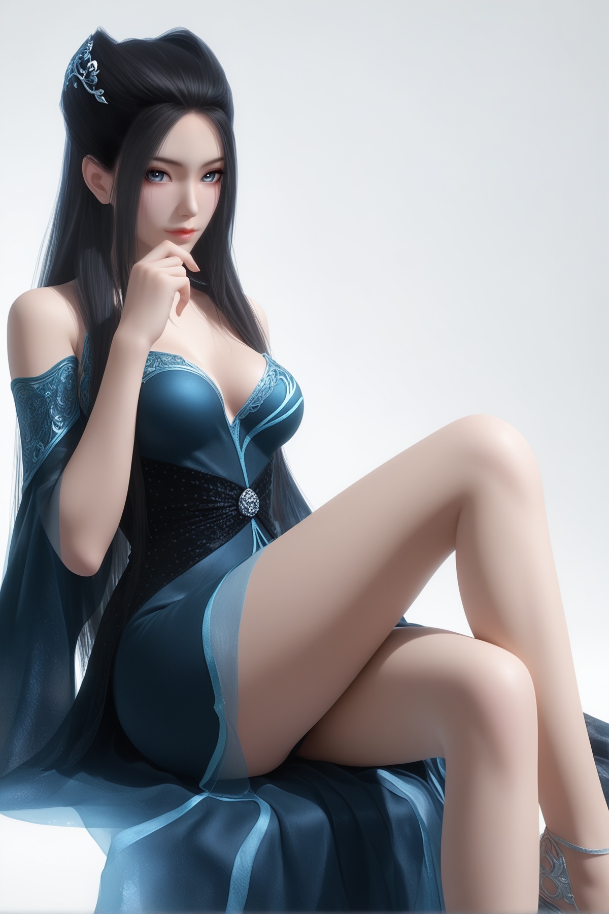 masterpiece,best quality,realistic,cinematic,detail eyes,(ultra-detailed),perfect composition,intricate details,absurdres,detailed face,high quality,high res,8K,<lora:X_yanlingji_ly_IL3.0:0.8>,black hair,blue eyes,1girl,long hair,breast,medium breast,hair_ornament,dress,blue_dress,bare_legs,sitting,simple background,white_background,looking_at_viewer,