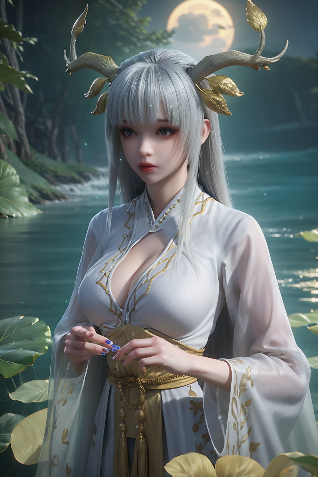 standing,dress,chinese clothes,flower,full_moon,moon,night,lily_pad,lotus,moonlight,water,night_sky,lily_\(flower\),sky,partially_submerged,1girl,solo,hair ornament,long hair,realistic,nail polish,photo_\(medium\),(breasts, medium_breasts, cleavage),makeup,(8k, RAW photo, best quality, masterpiece:1.2),(realistic, photorealistic:1.3),ultra-detailed,extremely detailed cg 8k wallpaper,(crystalstexture skin:1.2),extremely delicate and beautiful,white hair,antler,