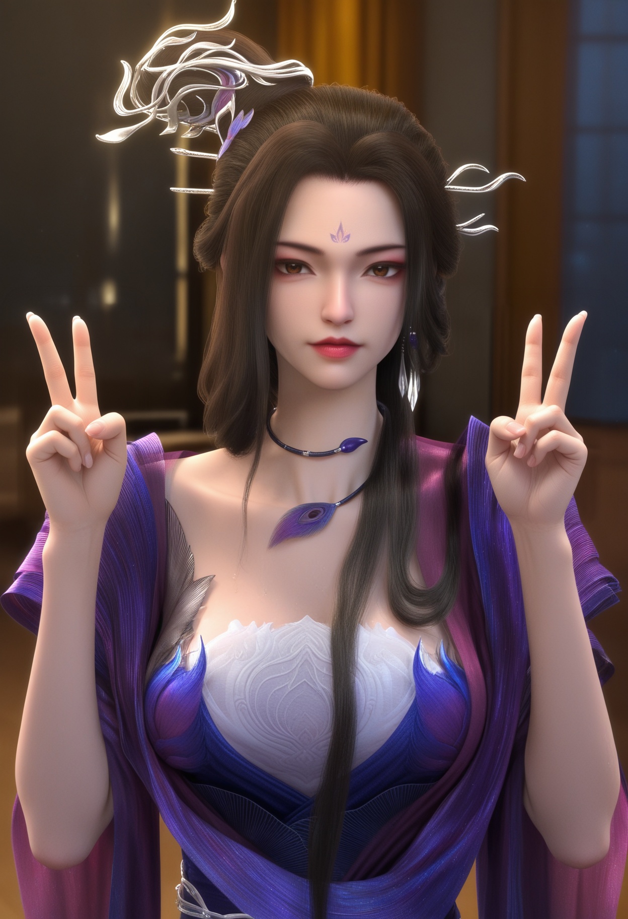 (score_9),masterpiece,best quality,absurdres,highres,(white_skin),(sweaty skin),(Ivory_skin),light_skin,(very sweaty),BREAKmature female,collarbone,<lora:风秋雨2-ill-000009:0.85>,1girl,solo,brown eyes,long hair,black hair,hair ornament,forehead mark,choker,(updo),sheer ruffled sleeves,flowing long gown,layered dress,jewelry,earrings,(large teardrop breasts),(large breasts),BREAKlooking at viewer,front view,upper body,(double v),BREAKsimple background,white background,rim light,Volumetric Lighting,Tyndall effect,moody lighting,bokeh,lens_flare,