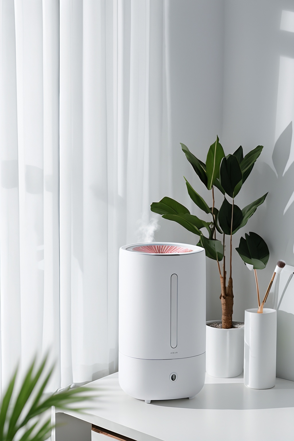 dianshang,no humans,curtains,<lora:dianshang2-000014:0.6>,plant light and shadow,humidifier,mist,cosmetics,white desktop,