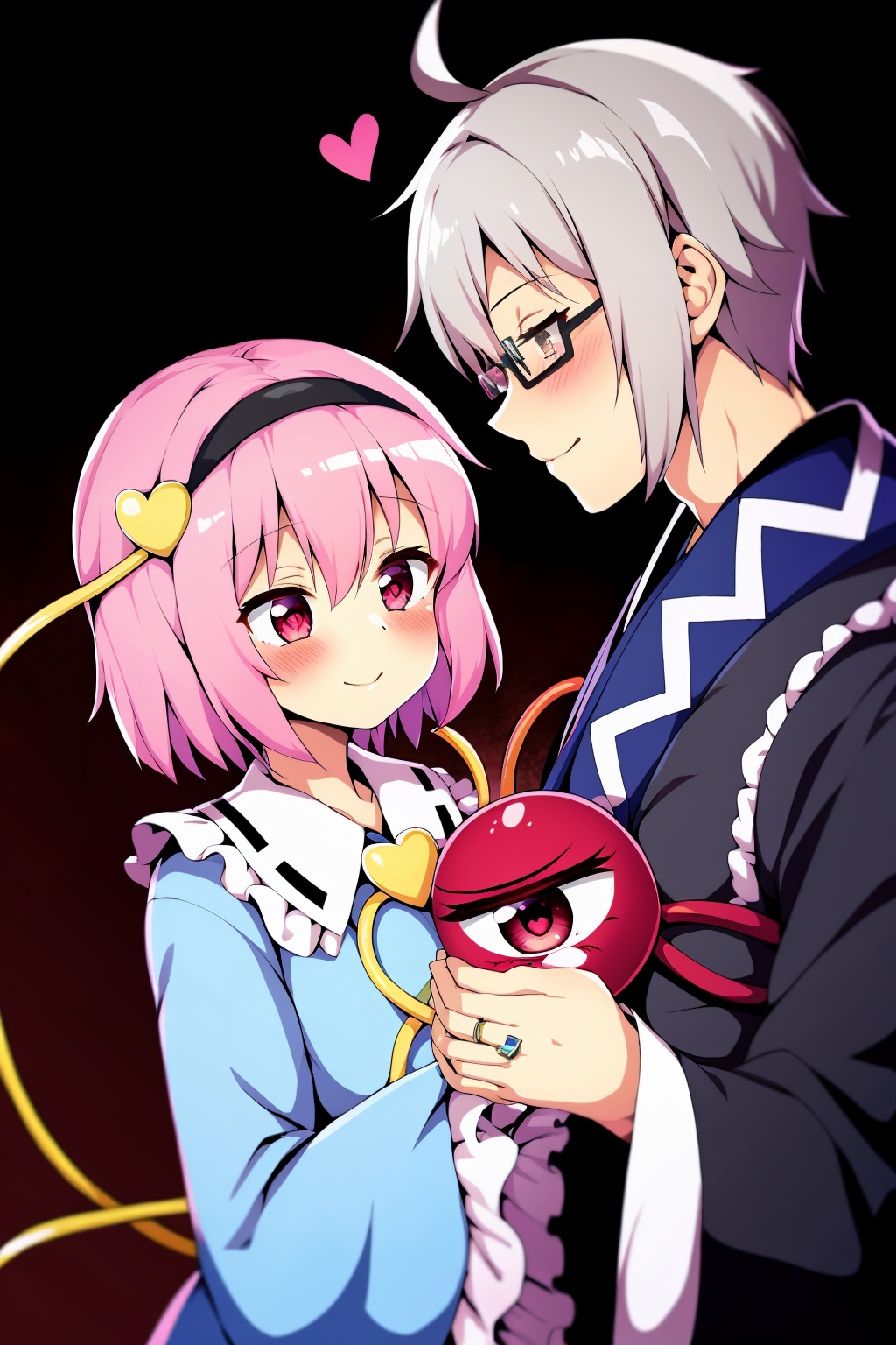 masterpiece, best quality,<lora:MorichikaRinnosuke:1>,1girl, komeiji satori, 1boy, morichika rinnosuke, hetero, glasses, pink hair, hairband, third eye, couple, blush, short hair, heart, smile, jewelry, grey hair, closed eyes, holding hands, ring, ahoge, eyeball, pink eyes, bridal gauntlets, wide sleeves, long sleeves