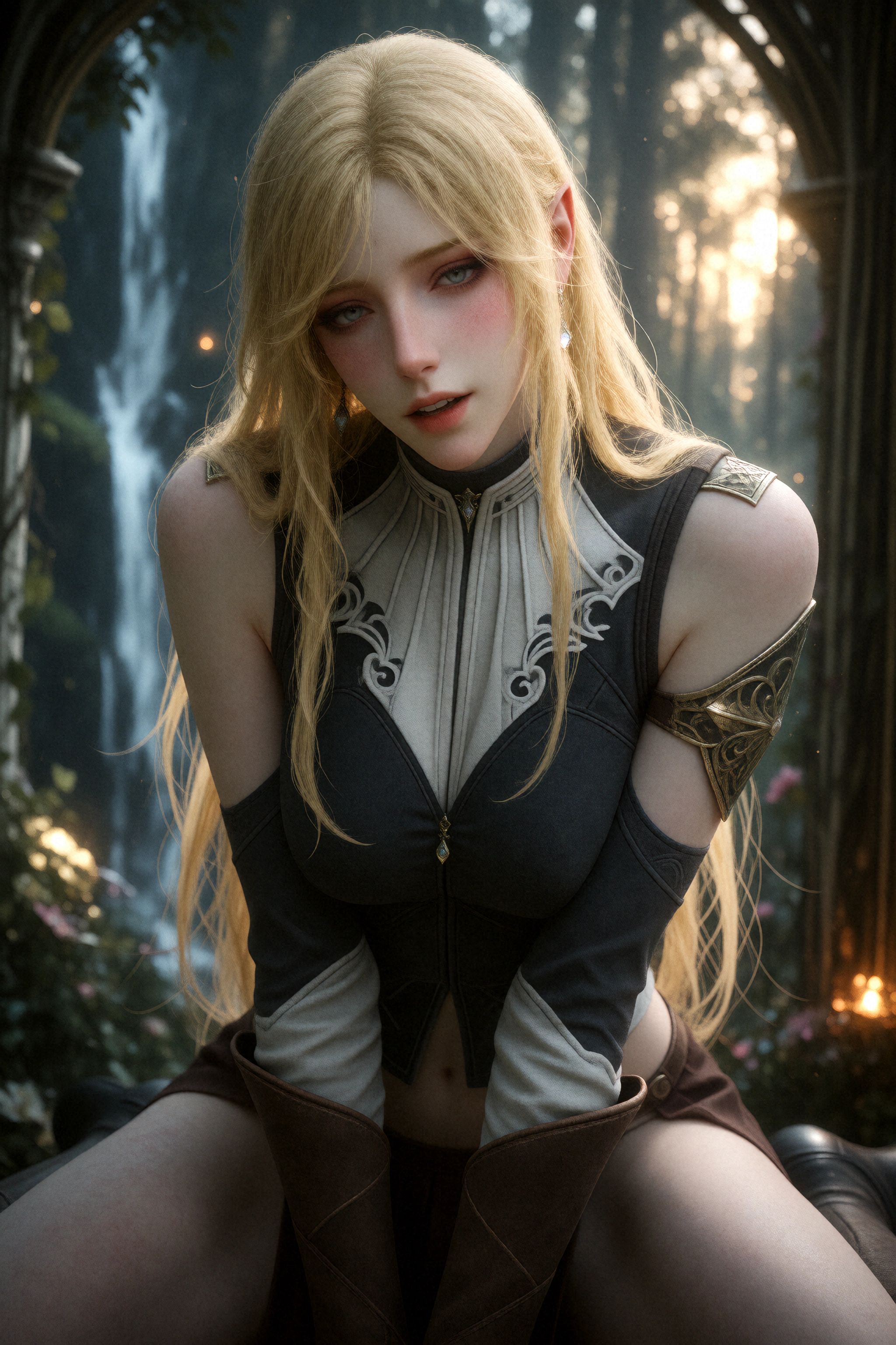 A full body photograph of Female Elf sitting in elvish gazebo. Her pose is playful and her face has seductive expression.T...