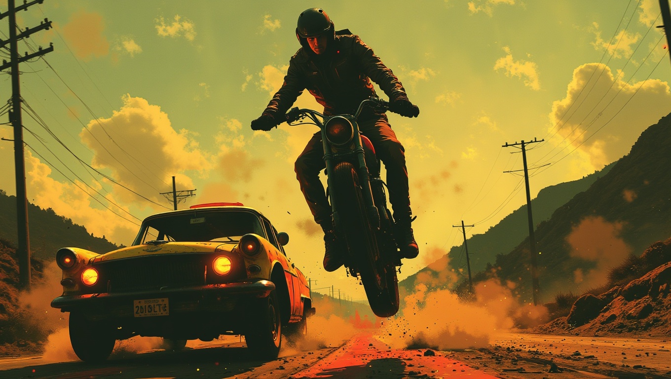 A fearless stuntman in a leather jacket and helmet,  poised to leap from a speeding motorcycle onto a moving car. The road...