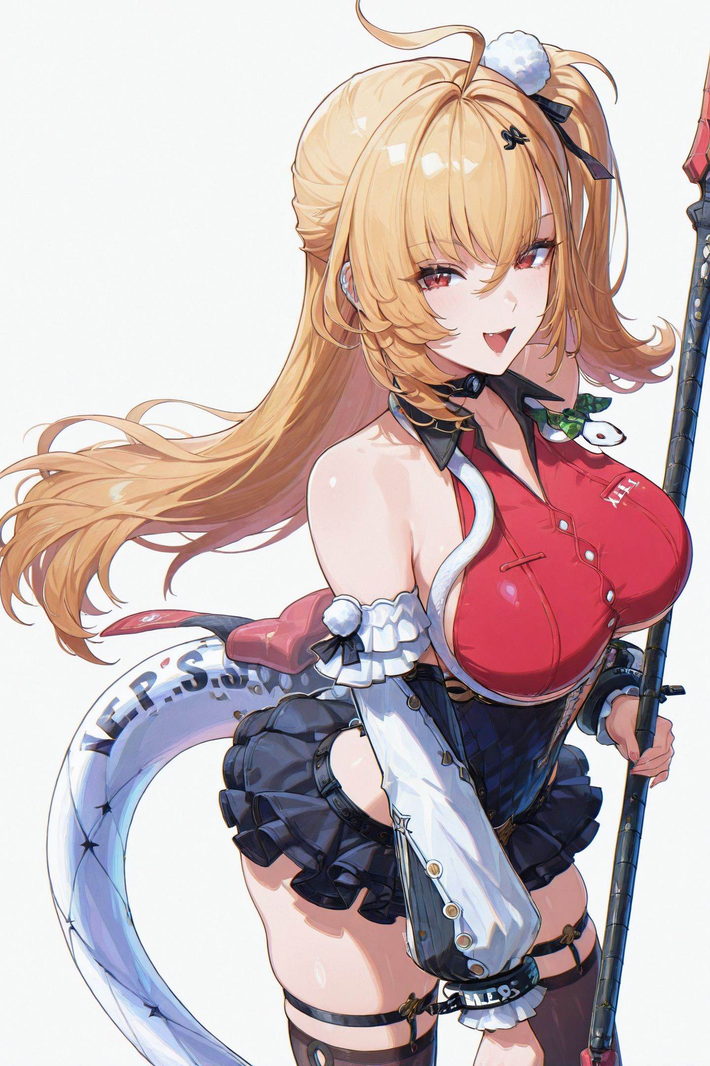 Zenless Zone Zero Style,Cissia \(zenless zone zero\),1girl,blonde hair,thighhighs,breasts,solo,polearm,large breasts,weapon,holding,long hair,red eyes,ahoge,holding weapon,white background,holding polearm,hair ornament,detached sleeves,skirt,simple background,looking at viewer,open mouth,smile,spear,black thighhighs,black frilled skirt,thigh strap,bare shoulders,standing,one side up,pom pom hair ornament,green bow snake,snake around neck,mechanical snake tail,hairclip,Cissia's hairclip,pom pom \(clothes\),black and red leotard,<lora:Cissia_illustriousXL:1>,