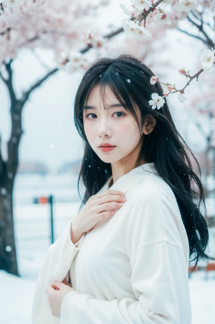 best quality,masterpiece,ultra high res,snowing,with plum blossoms next to her <lora:13guojiang_lora:1>