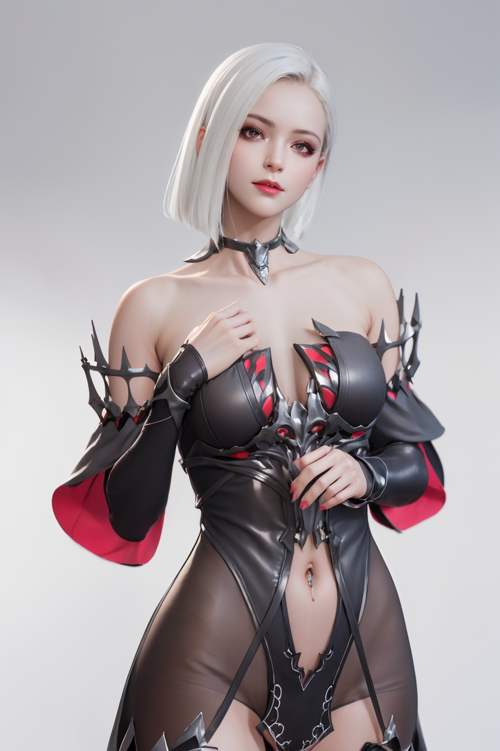 (masterpiece, best quality:1.3),ultra highres,8k,(realistic, photorealistic:1.4),best quality,masterpiece,1girl,detached sleeves,facial mark,makeup,navel,simple background,bashful,solo,<lora:逆战薇拉:0.7>,dress,