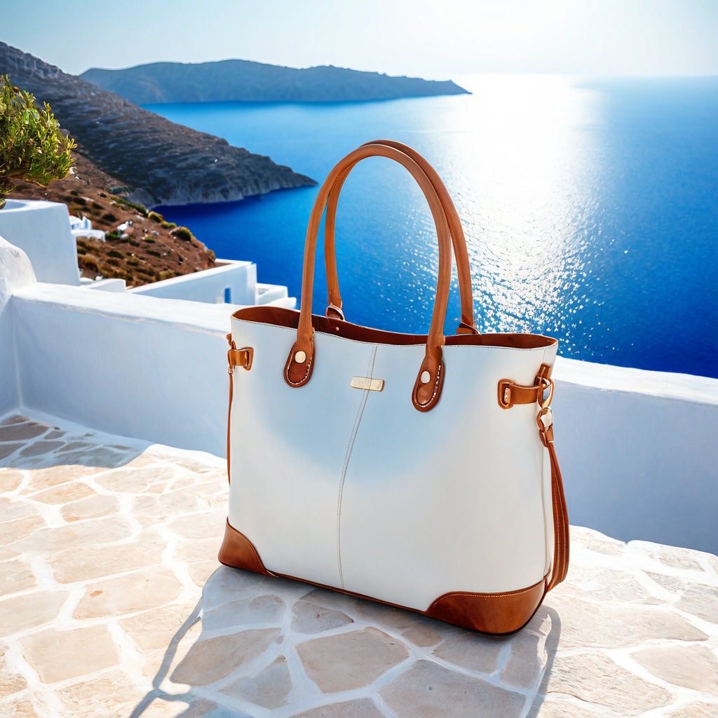 scenegreekislan,  a leather handbag,  Greek island whitewashed terrace on Tensor.Art