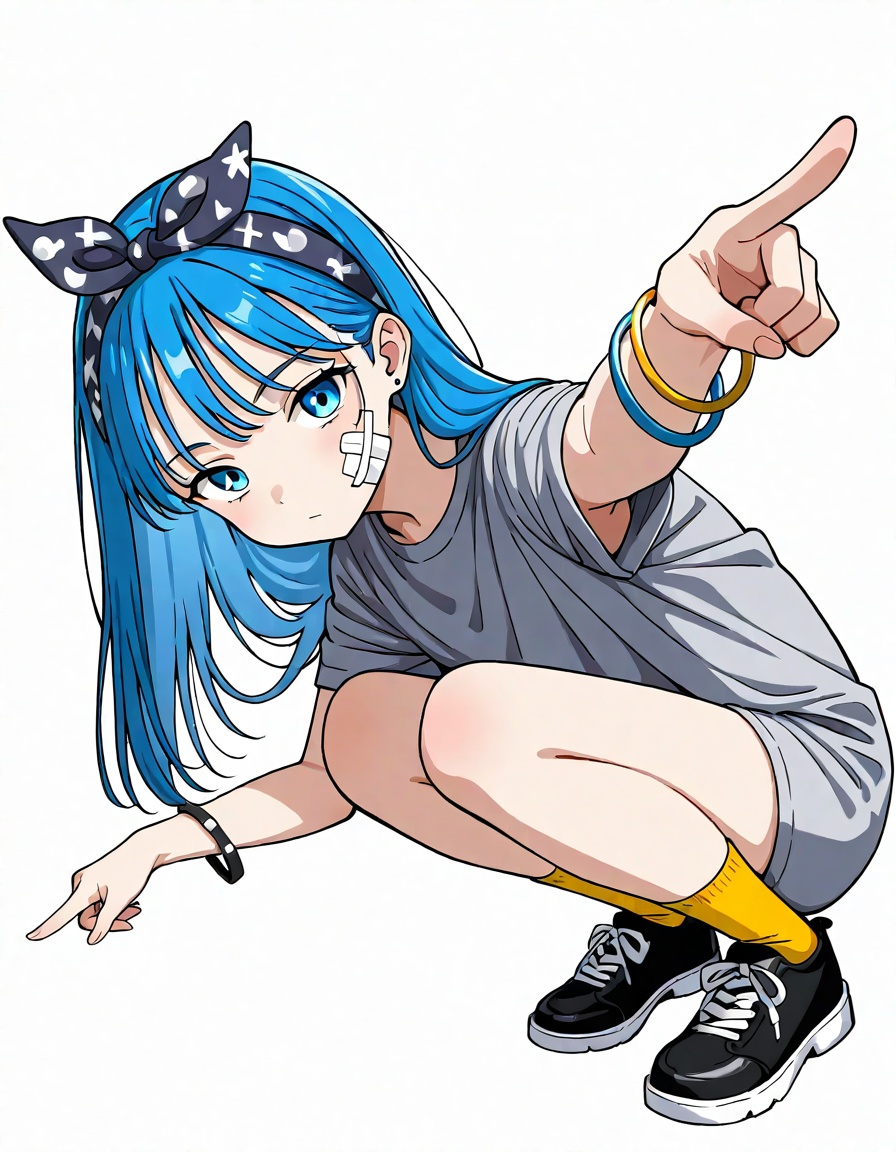 1girl, solo, bandaid, blue hair, orange socks, socks, blue eyes, shoes, white background, long hair, looking at viewer, jewelry, squatting, hairband, bandaid on face, shirt, simple background, black footwear, short sleeves, bow hairband, grey shirt, yellow socks, bracelet, pointing, sneakers