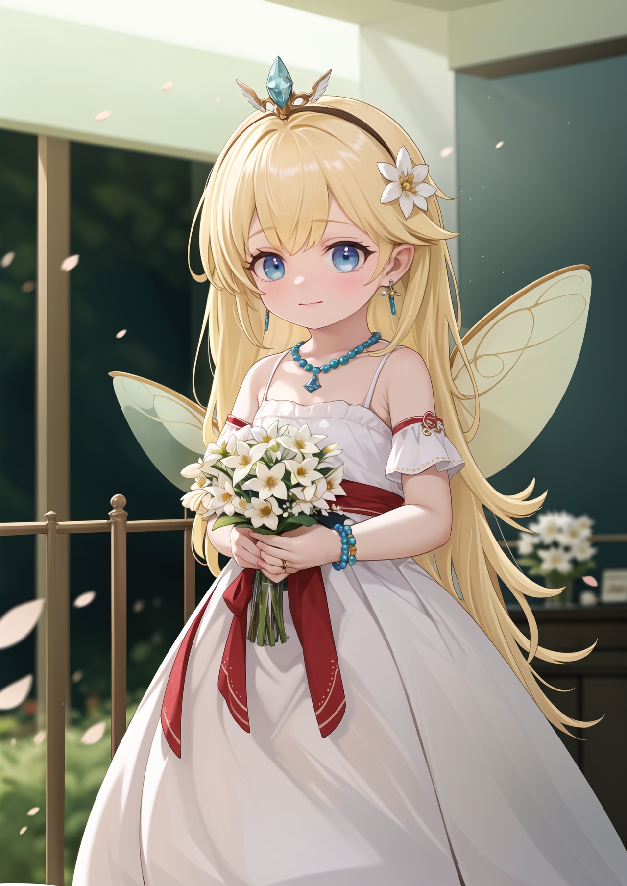 masterpiece,best quality,1girl,jewelry,solo,flower,blurry background,wings,blurry,dress,holding,blue eyes,bouquet,ring,long hair,earrings,detached sleeves,white dress,looking at viewer,holding flower,blonde hair,necklace,bare shoulders,holding bouquet,bracelet,fairy wings,hair ornament,tiara,white flower,beads,fairy,depth of field,