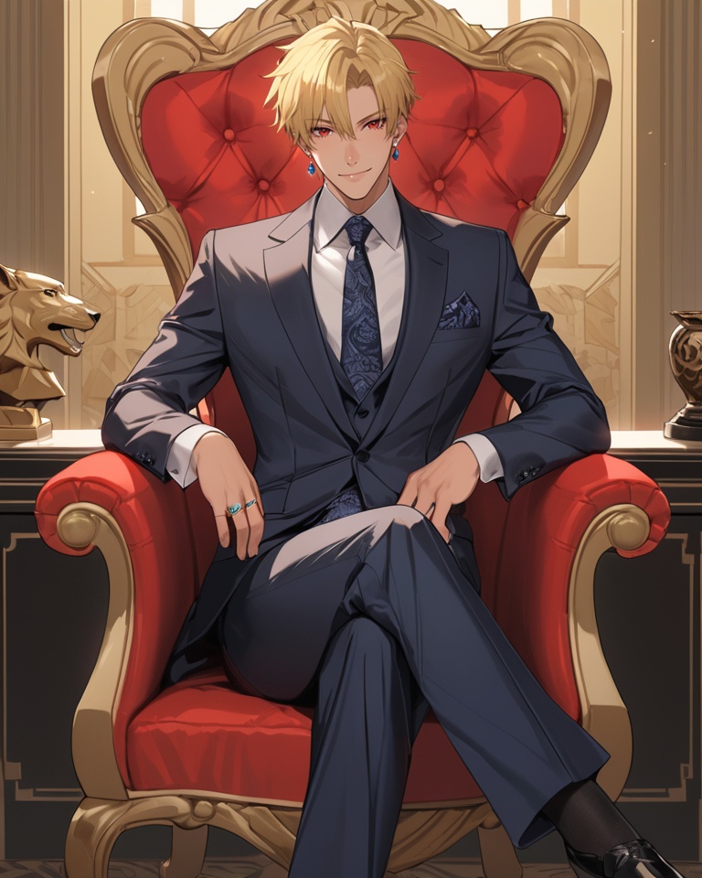 (best quality), ((masterpiece)), (highres), illustration, original, extremely detailed . <lora:日式动漫人设BOY版XL:0.7>jjj, 1boy, gilgamesh \(fate\), male focus, blonde hair, red eyes, jewelry, earrings, solo, short hair, formal, crossed legs, sitting, suit, ring, looking at viewer, smile, chair, dated, shirt