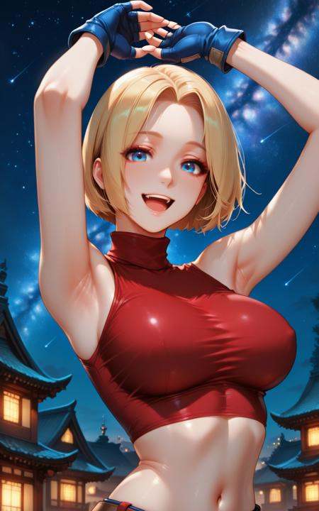 ilbmary, 1girl, breasts, armpits, blonde hair, blue eyes, crop top, navel, solo, arms up, midriff, large breasts, smile, night, short hair, gloves, looking at viewer, open mouth, sleeveless, outdoors, fingerless gloves, parted bangs, taut clothes, shirt, forehead, star \(sky\), bob cut, sky, parted hair, upper body, night sky, taut shirt, bare shoulders, stomach, starry sky, turtleneck, teeth, blue gloves, red shirt, building, :d, sleeveless shirt<lora:illustrious- Blue Mary-1024x1600:1>, red top, extra belt
