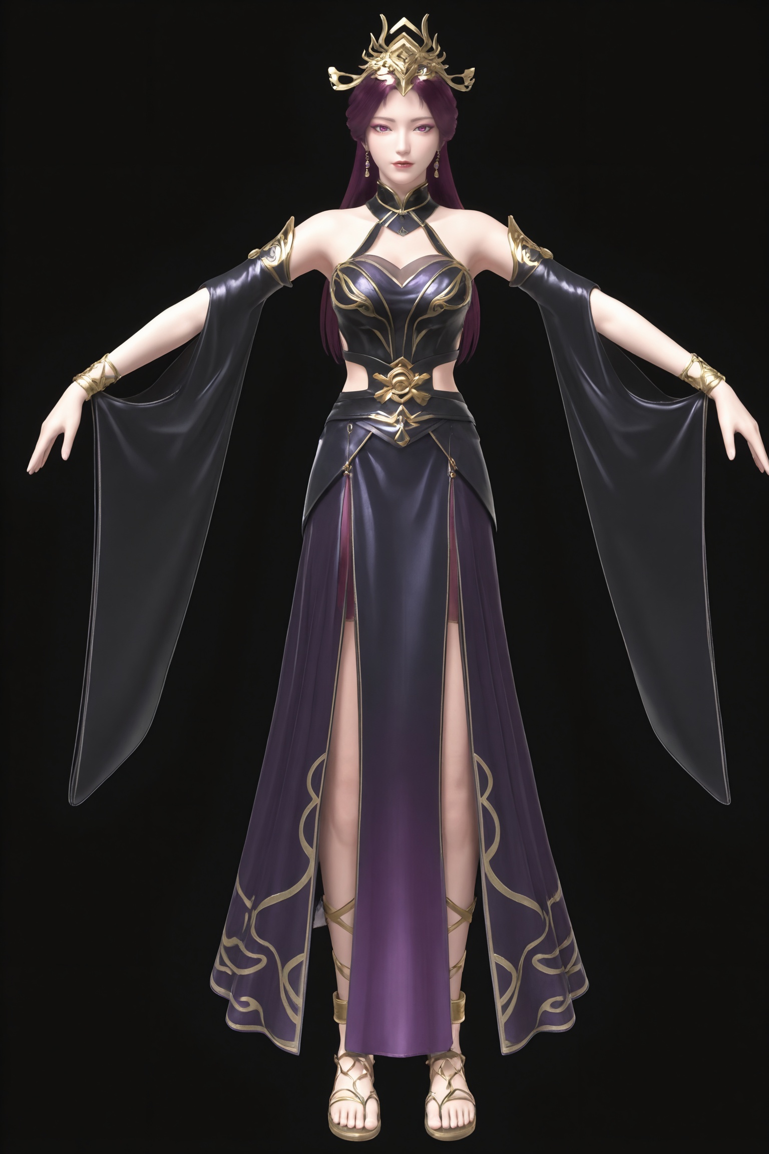 breasts,black background,standing,looking at viewer,1girl,dxfr\(blcs\),long hair,purple hair,earrings,hair ornament,jewelry,bare shoulders,dress,long skirt,detached sleeves,bracelet,anklet,sandals \(jewelry\),