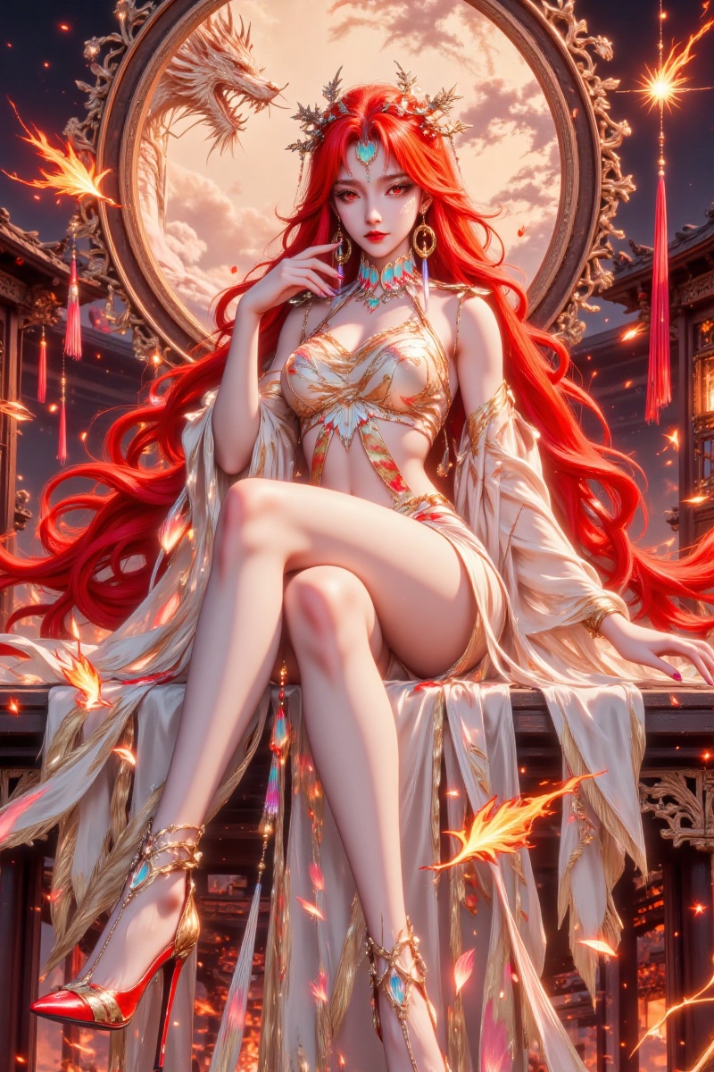 WM,Yuecai Flower Snake,red hair,red eyes,very long hair,chinese clothes,sfw,1girl,bare shoulders,sitting,solo,long hair,chinese dragon,original,jewelry,long fingernails,official art,dragon,photoshop (medium),earrings,nail polish,full body,bare legs,bare arms,dress,high heels,chinese dragon (symbol),looking at viewer,female_solo,high heels sandals,sandals,dragon_horns,horns,makeup,lips,nail art,