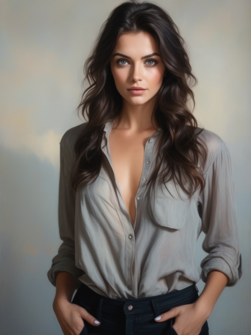 Portrait draw beautiful girl dark hair,  gray eyes,  open Shirt on Tensor.Art