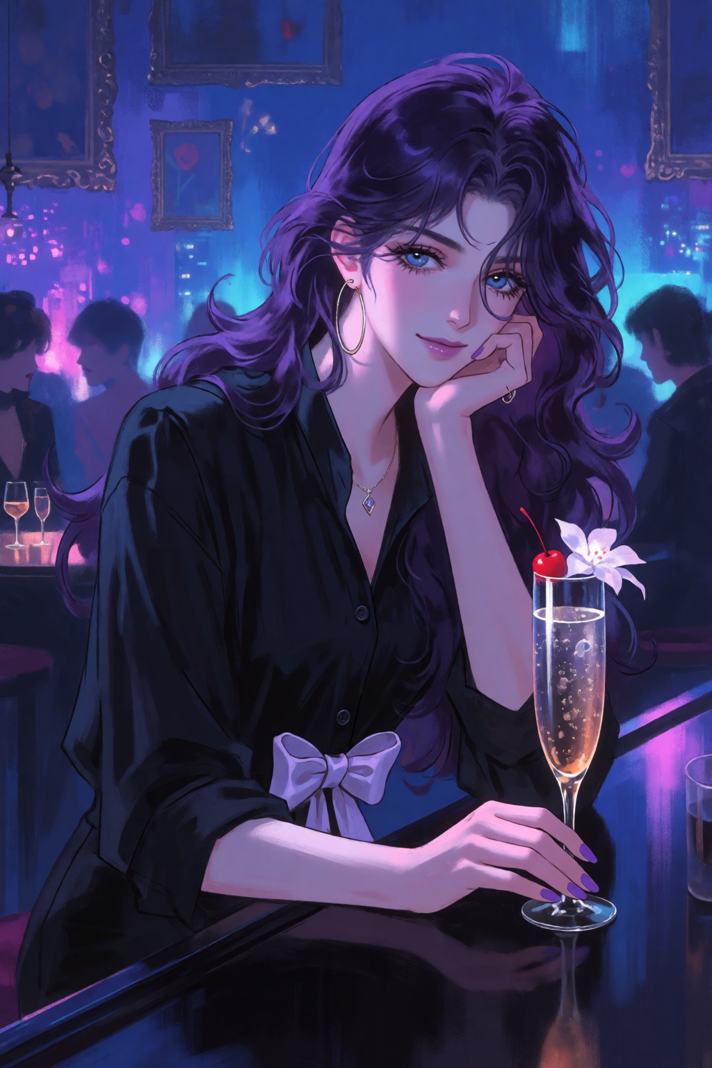 An elegant woman sitting alone at a dimly lit bar counter. She has long,  voluminous dark purple wavy hair and blue eyes....