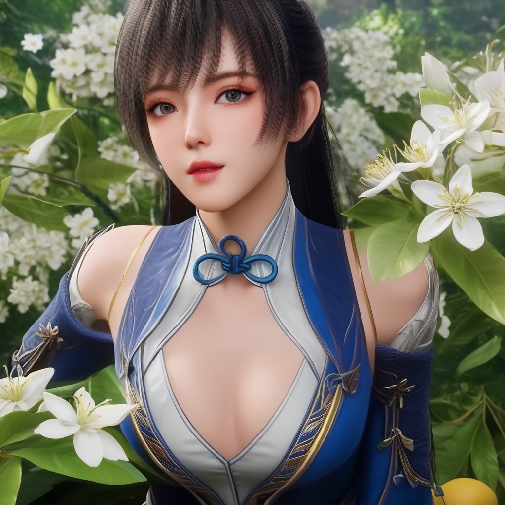 <lora:849-DA-XL-斗罗大陆-唐雅:0.8>, (,1girl, ,best quality, ),,  ,ultra realistic 8k cg, ,masterpiece, (( , )),,  fiction,mole, ,      , lemon blossoms,  (cleavage),,  (), ,,,