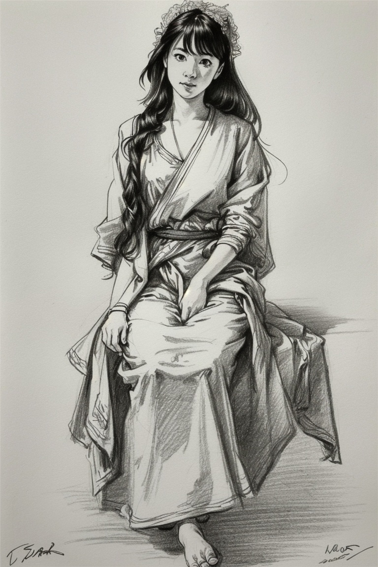 ((HRD, HUD, 8K)),((masterpiece, best quality)), highly detailed, soft light,Sketch, 1girl, monochrome, solo, greyscale, sitting, barefoot, traditional media, signature, dated, dress, hair ornament, sketch, looking at viewer, long hair,  <lora:20240413-1712999239990:0.8>