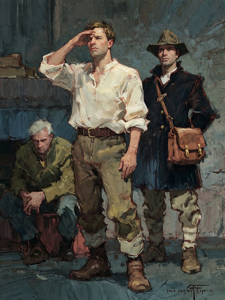 Bradhamel art style.**** A dramatic oil painting of three rugged men in a dimly lit stone interior,  one standing center-l...