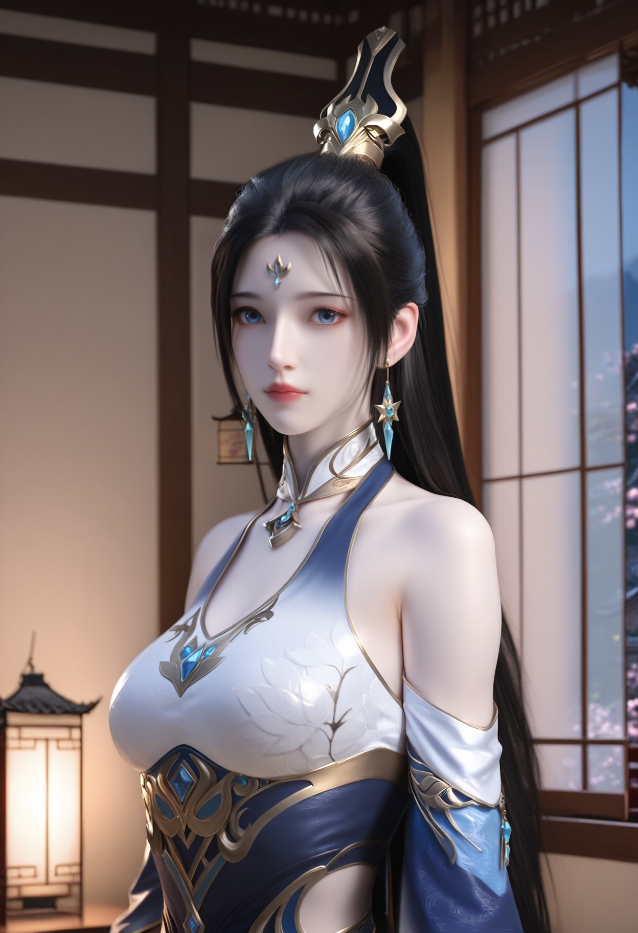 Ji_ningshuang,1girl,blue eyes,jewelry,earrings,long hair,black hair,looking at viewer,bare shoulders,hair ornament,facial mark,forehead mark,very long hair,high ponytail,earrings,<lora:Ji_ningshuang_10_illu-000004:0.75>,dress,detached sleeves,blue dress,high heels,boots,clothing cutout,wide sleeves,photorealistic,hyperrealistic,<lora:realistic filter [IL]:1>,(pale skin:1.1),standing,(upper body:1.5),close up,head shot,lantern,open window,looking at viewer,indoors,mountains,blossoms,flowers,east asian architecture,beautiful sunrise,warm ambient temperature,