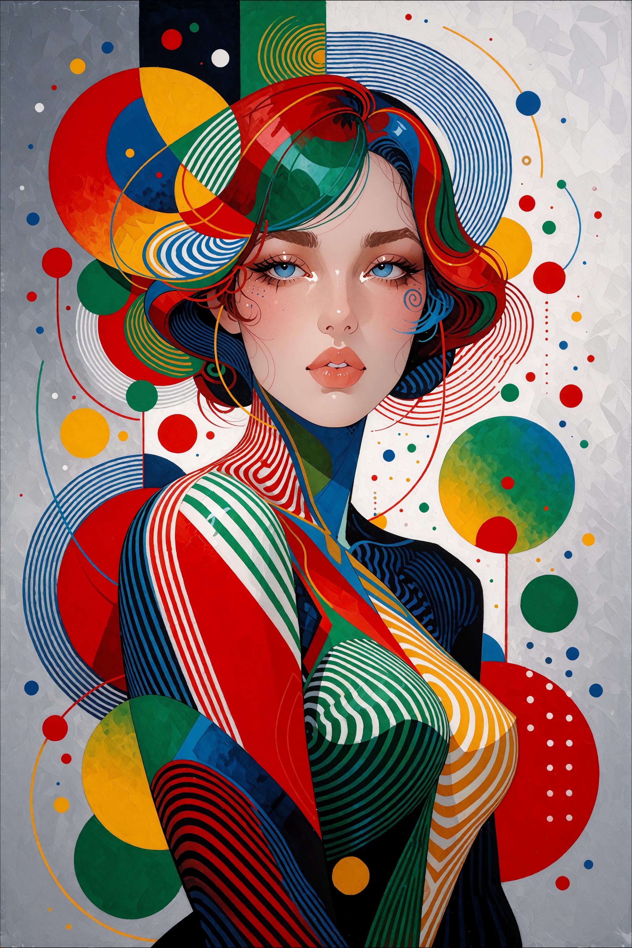 An eye-catching abstract artwork featuring a dynamic arrangement of geometric shapes and vivid colors. The composition inc...