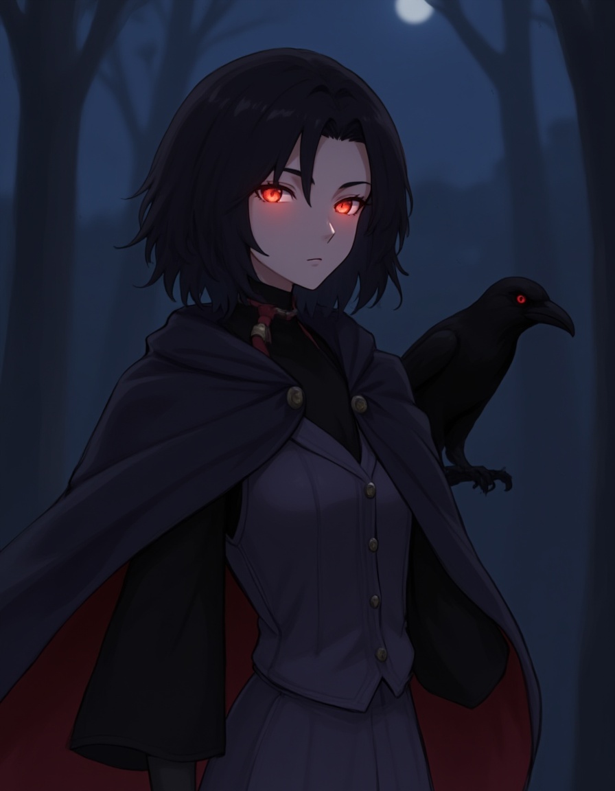 woman,vest,black cloak,red eyes,black hair,crow,glowing eyes,parted bangs,night,
