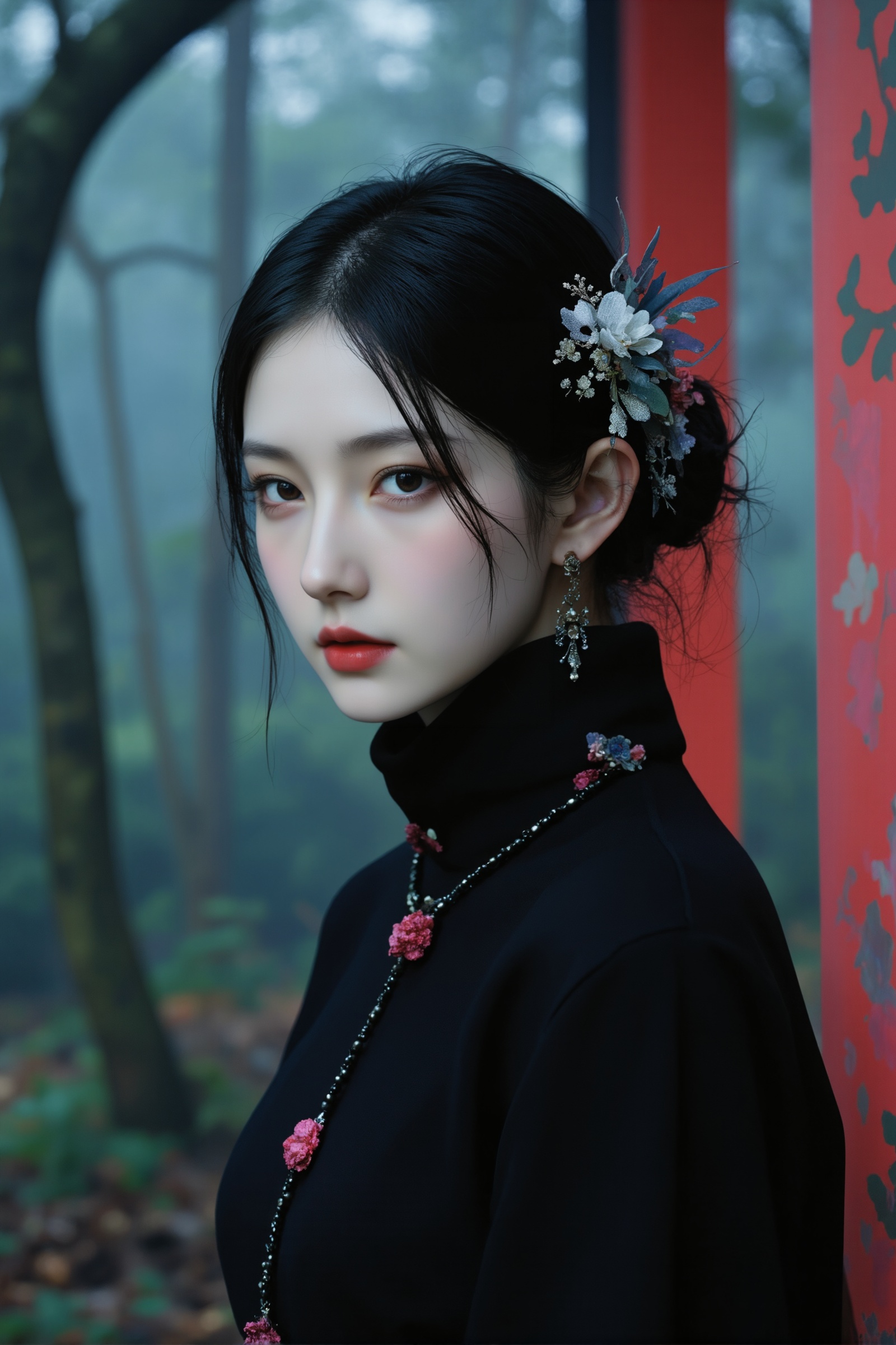 DFM,<lora:Fulan_dongfangmeng_Merjic_F.1:0.75>,Photography,Cinematic lighting, fine art photography,Dreamcore,Mysticism,fantasy and surrealism,psychic,Wong Kar-wai-style movie stills,Woman contemplative facing camera, Medium shot,Depth of field, background blur,This artworkevokes themes often associated with East Asian culture combined with elements reminiscent of fantasy literature and film genres,8K Resolution,Perfect Detail,HD Detail,Ultra High Resolution,