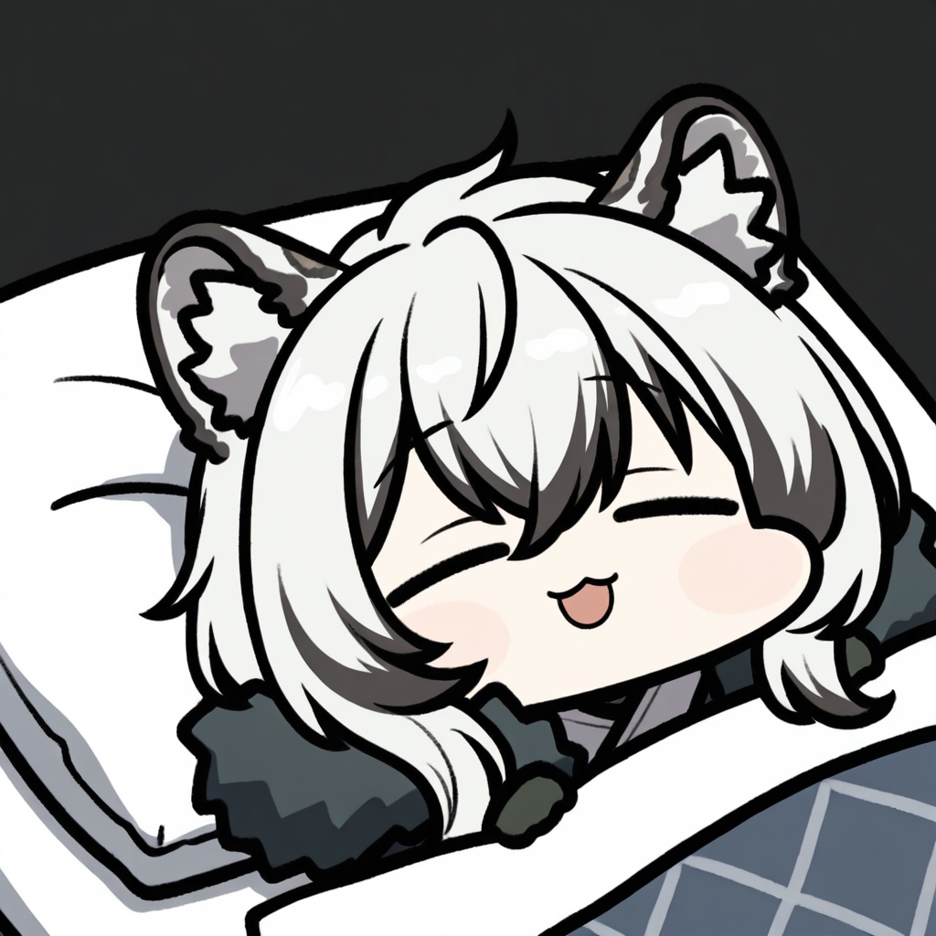 chibi,1girl,solo,upper body,silverash \(arknights\),arknights,animal ears,leopard ears,grey hair,grey eyes,hair between eyes,white hair,leopard tail,tail,animal ear fluff,closed eyes, solo, open mouth, :3, white background,  under covers, smile, simple background, blanket,  pillow, , futon,  :d, bed,hair ornament, ,white background,simple background,<lora:JazzJack_noob1:0.9>,