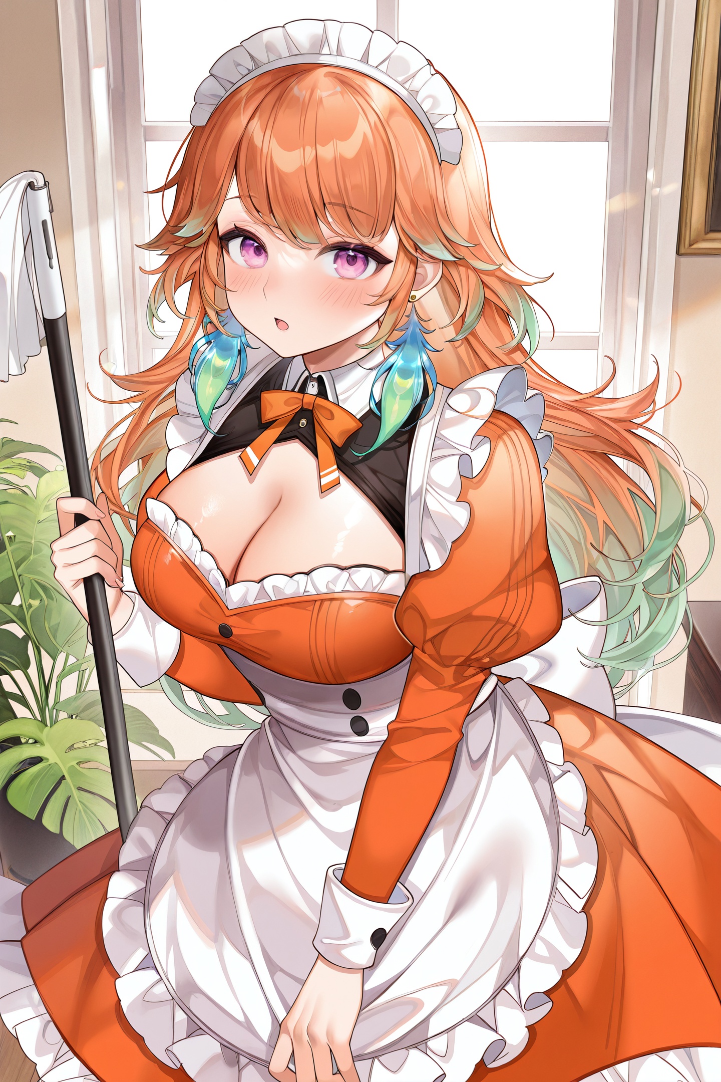 Machi Style,1girl,takanashi kiara,breasts,solo,orange hair,maid headdress,alternate costume,purple eyes,maid,feather earrings,looking at viewer,multicolored hair,long hair,large breasts,cleavage,open mouth,holding,dress,feathers,green hair,enmaided,black and orange dress,earrings,gradient hair,apron,jewelry,blush,bow,puffy sleeves,maid apron,window,long sleeves,frills,back bow,white apron,indoors,frilled dress,juliet sleeves,<lora:Machi_illustriousXL:1>,