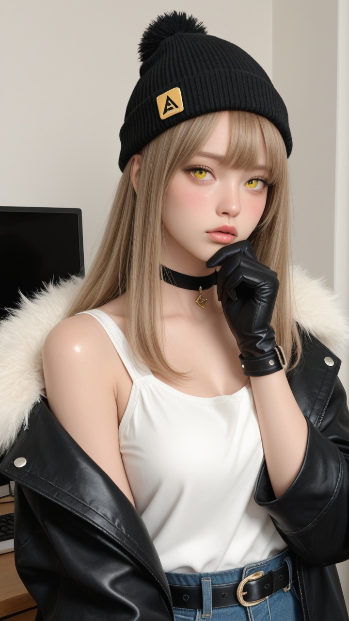 This is a digital anime-style illustration of a young woman with a confident and slightly mischievous expression. She has...