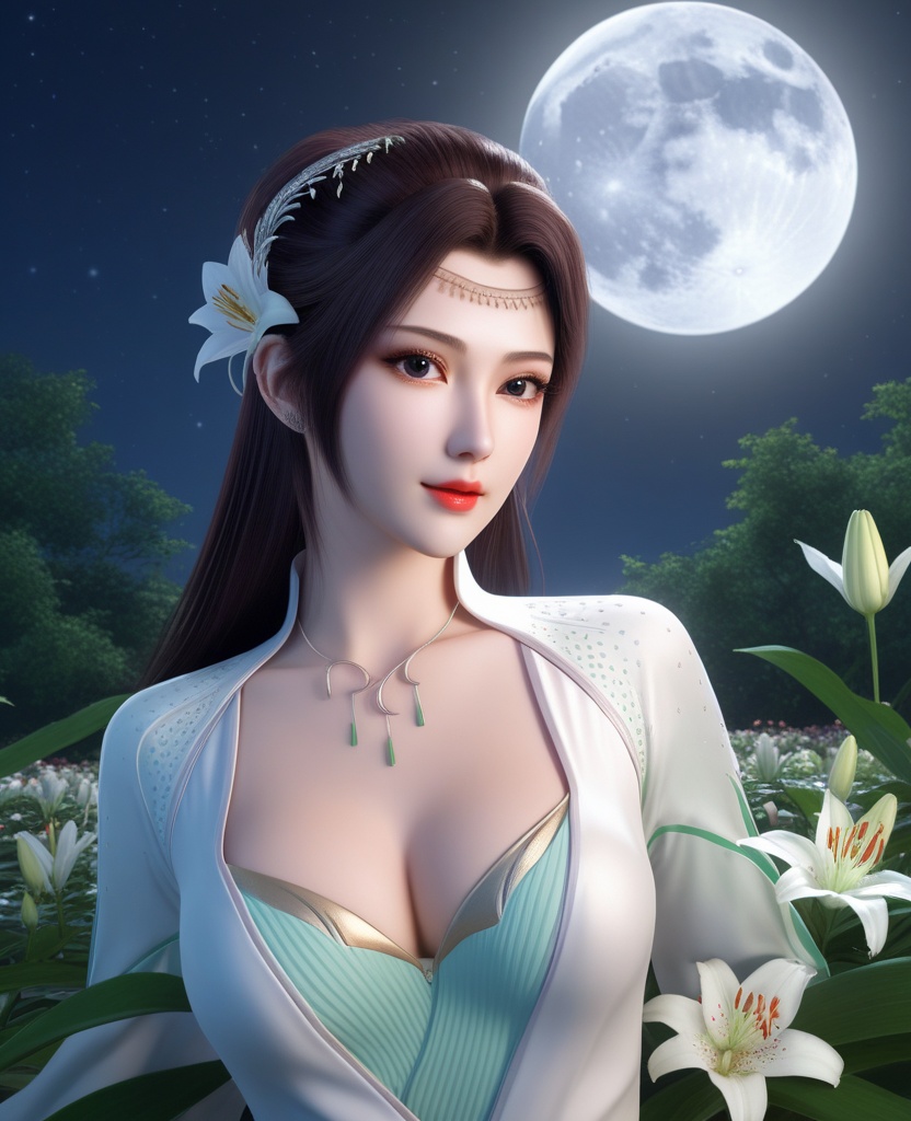 <lora:575-DA-XL-斗破苍穹-云韵-绿服:0.8>(,1girl, ,best quality, ),looking at viewer,  ,ultra detailed background,ultra detailed background,ultra realistic 8k cg, , ,masterpiece, (( , )),, ultra realistic 8k cg, ,      ,lily \(flower\) ,full moon ,strawberry blossoms      (cleavage), (),
