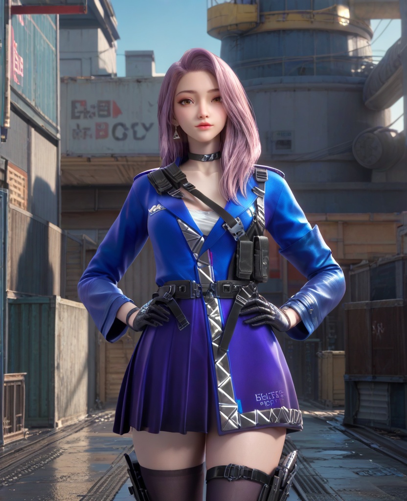 (oriental architecture, elegant decor, sophisticated style:1.1),(Standing with legs wide apart, hands on hips,:1.1),(breasts:1.2),<lora:XL16穿越火线云悠悠保卫者:0.95>,miss yunyouyou,blue jacket,purple overskirt,brown eyes,pink hair,long hair,earrings,jewelry,black choker,belt,black gloves,thigh holstered,mauve thighhighs,black heels,, score_9,score_8_up,score_7_up,score_6_up,score_5_up,score_4_up,3d rendering,tag1,tag2, Cinematic Lighting,backlighting,, zPDXL3, zPDXL2,zPDXL, zPDXLxxx, zPDXLrl,