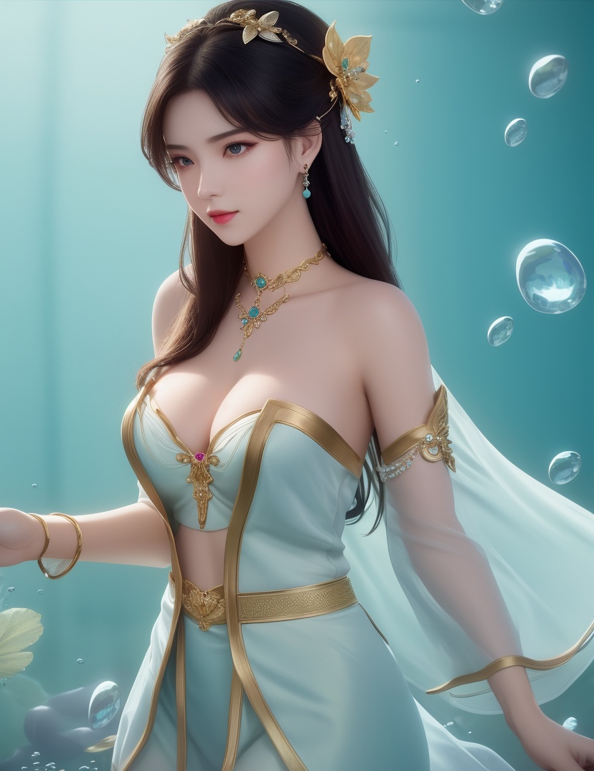 <lora:528-DA-万古狂帝-林柔:0.8>(,1girl, ,best quality, ),looking at viewer,masterpiece, ((((, solo,  , ,solo focus, ,underwater, )))) ,ultra realistic 8k cg,   clean, masterpiece,     cinematic lighting, cinematic bloom,  (( , )),, , unreal, science fiction, luxury, jewelry, diamond, gold, pearl, gem, sapphire, ruby, emerald, intricate detail, delicate pattern, charming, alluring, seductive, erotic, enchanting, hair ornament, necklace, earrings, bracelet, armlet,,(cleavage),