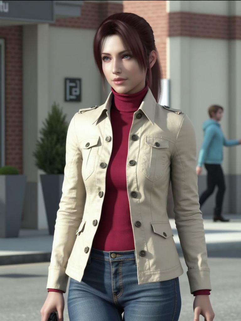 The CGI rendering of the digital image shows a young woman with fair skin,medium-length straight hair tied back,wearing a beige military-style jacket and a red turtleneck sweater. Dressed in jeans,on the street,