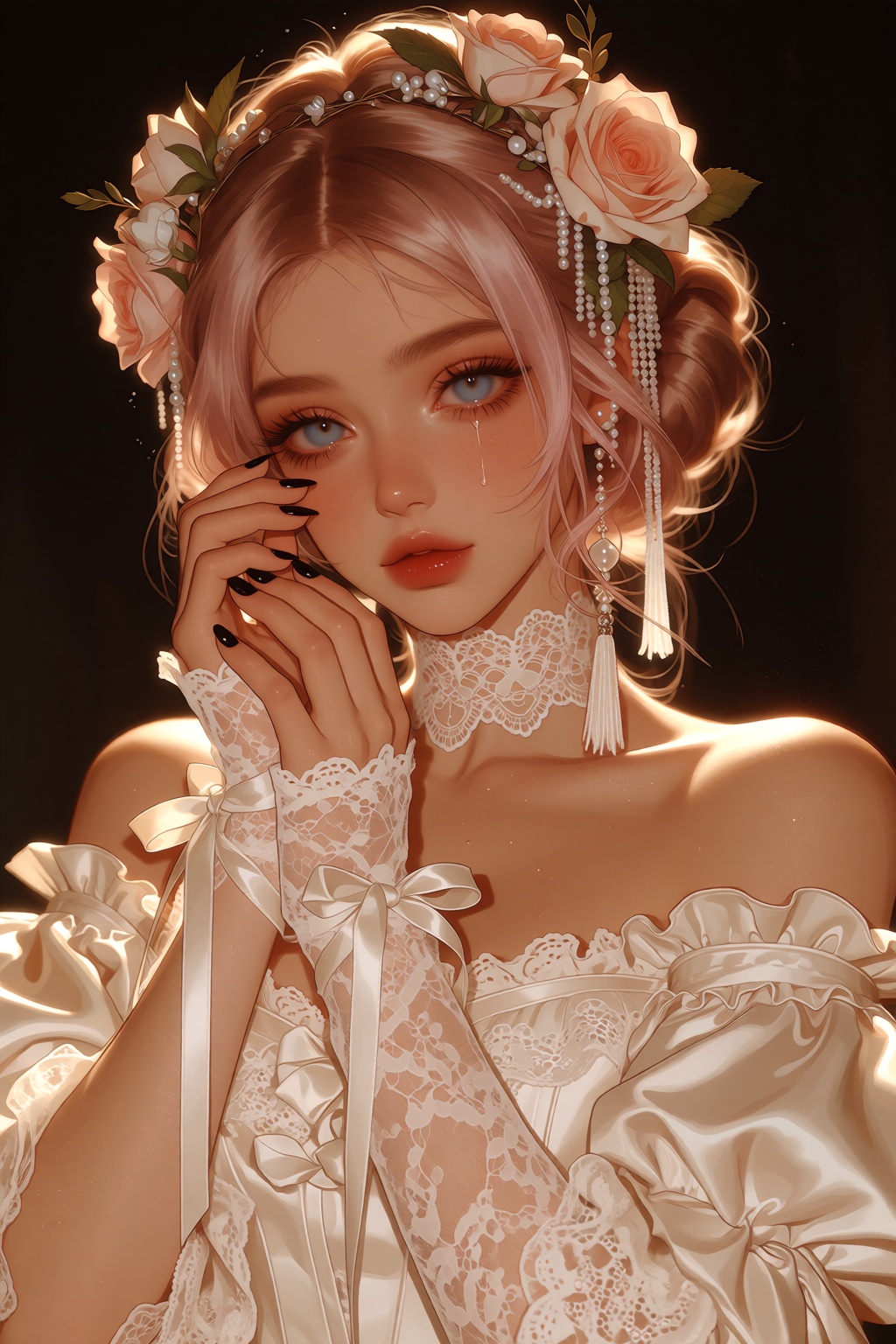 A pretty doll like blue eyed woman with light pink hair styled in a bun stands facing forward with a gentle,  serene expre...