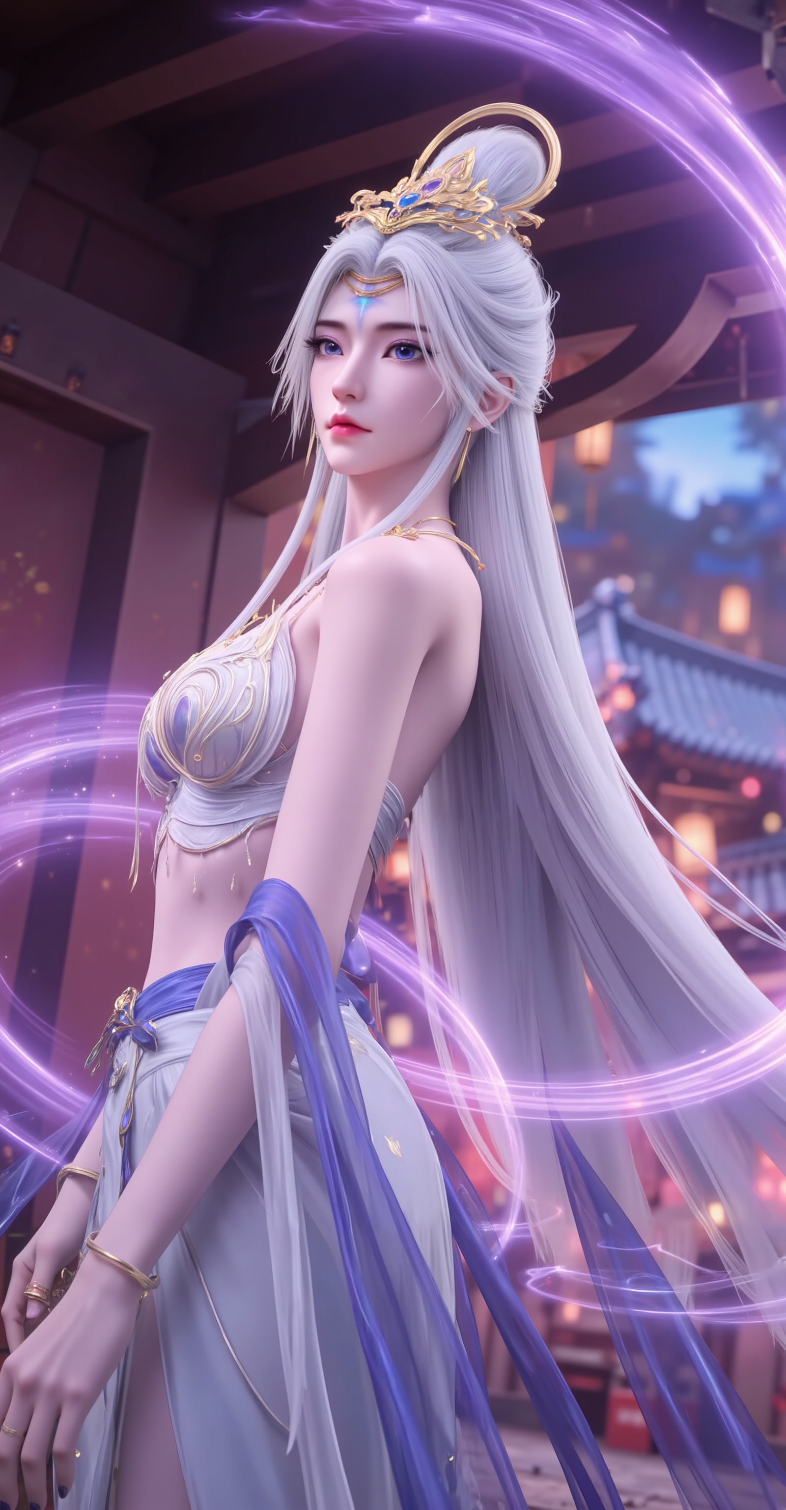 <lora:莫仙·10:1.1>,moxian,1girl,solo,long hair,blue eyes,hair ornament,white hair,jewelry,tattoo,blue tattoo,(cowboy_shot:1.1),crop_top,skirt,navel,tattoo,blue tattoo,1girl,architecture,long hair,hair ornament,dress,east asian architecture,white hair,solo,building,white dress,bare shoulders,lantern,night,detached sleeves,10,<lora:DJ滤镜_2.5D版:0.3>,lvjing,<lora:绚丽多彩·10:0.4>,guoman,close-up details,outstanding style,adding a touch of dimension to your images without compromising details,whirls of vapor,iridescent textures,(Anime:1.1),ethereal ambiance,delicate details,magical high-concept,32K UHD,sharp focus,best-quality,masterpiece,golden hour,unconventional supreme masterpiece,masterful details,temperate atmosphere,with a high-end texture,in the style of fashion photography,photography,cover,dynamic angle,dynamic posture,extreme aesthetic,masterpiece,best quality,good quality,very aesthetic,absurdres,visual impact,a shot with tension,ultra-high resolution,32K UHD,sharp focus,best-quality,masterpiece,emotionalization,unconventional supreme masterpiece,masterful details,temperate atmosphere,with a high-end texture,in the style of fashion photography,(visual impact:1.2),giving the poster a dynamic and visually striking appearance,impactful picture,official art,colorful,splash of color,movie perspective,masterpiece,best quality,amazing quality,very aesthetic,absurdres,best quality,newest,