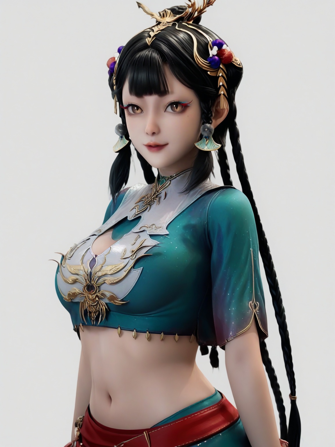 score_9,<lora:SF_XianQingEr_Pony_Realism2.3-000004:0.7>,1girl,solo,hair ornament,large breasts,black hair,bangs,braid,crop top,standing,looking at viewer,white background,simple background,