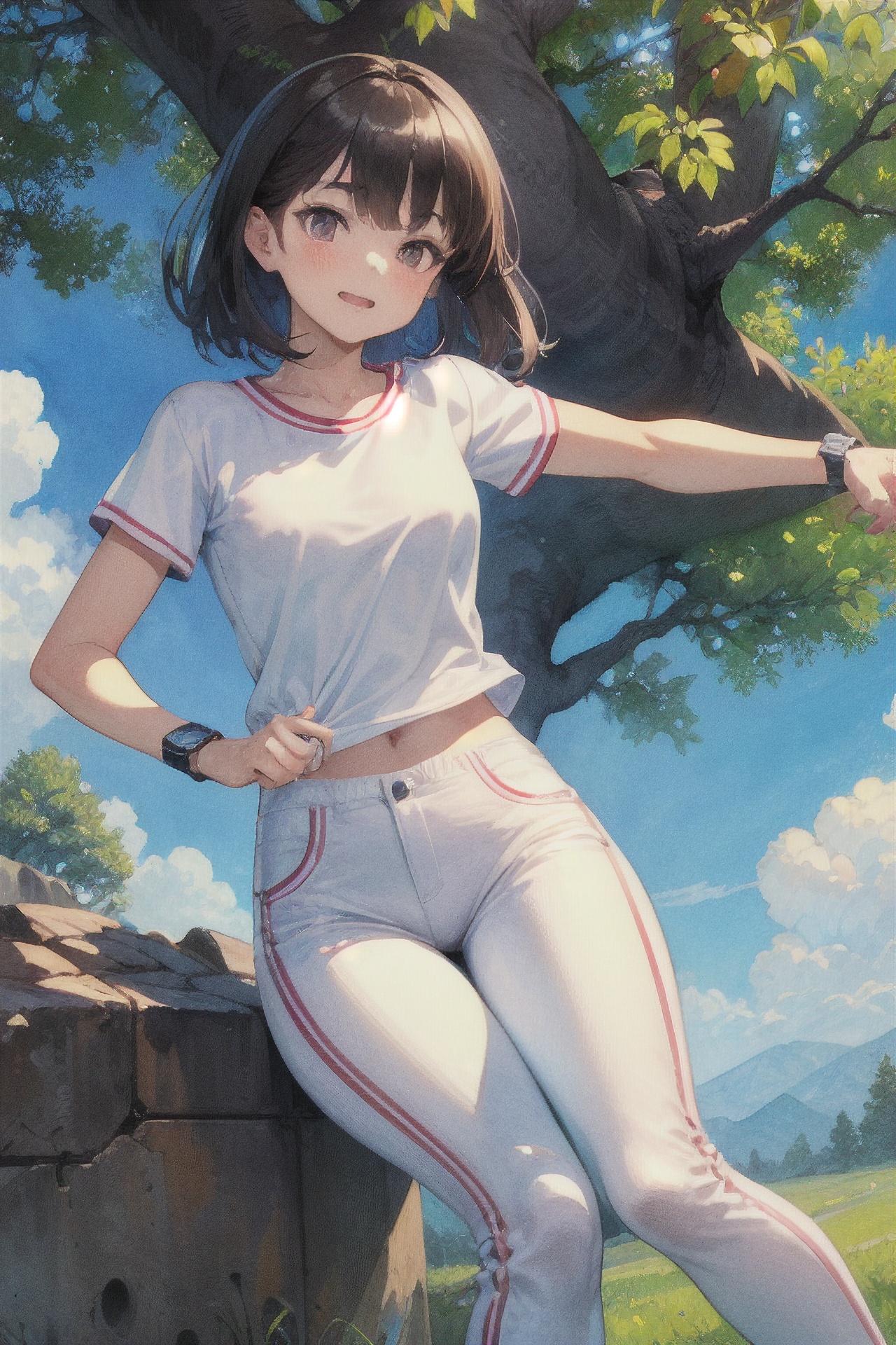(masterpiece,  best quality,  ultra detailed),  illustrations,watercolor:0.5, 1girl, the movement style, run, a dog, white shirt, white pants, one arm to wear sports watches, clouds, in the face of lens, the tree, the outdoors,cheerful candy \(module\),