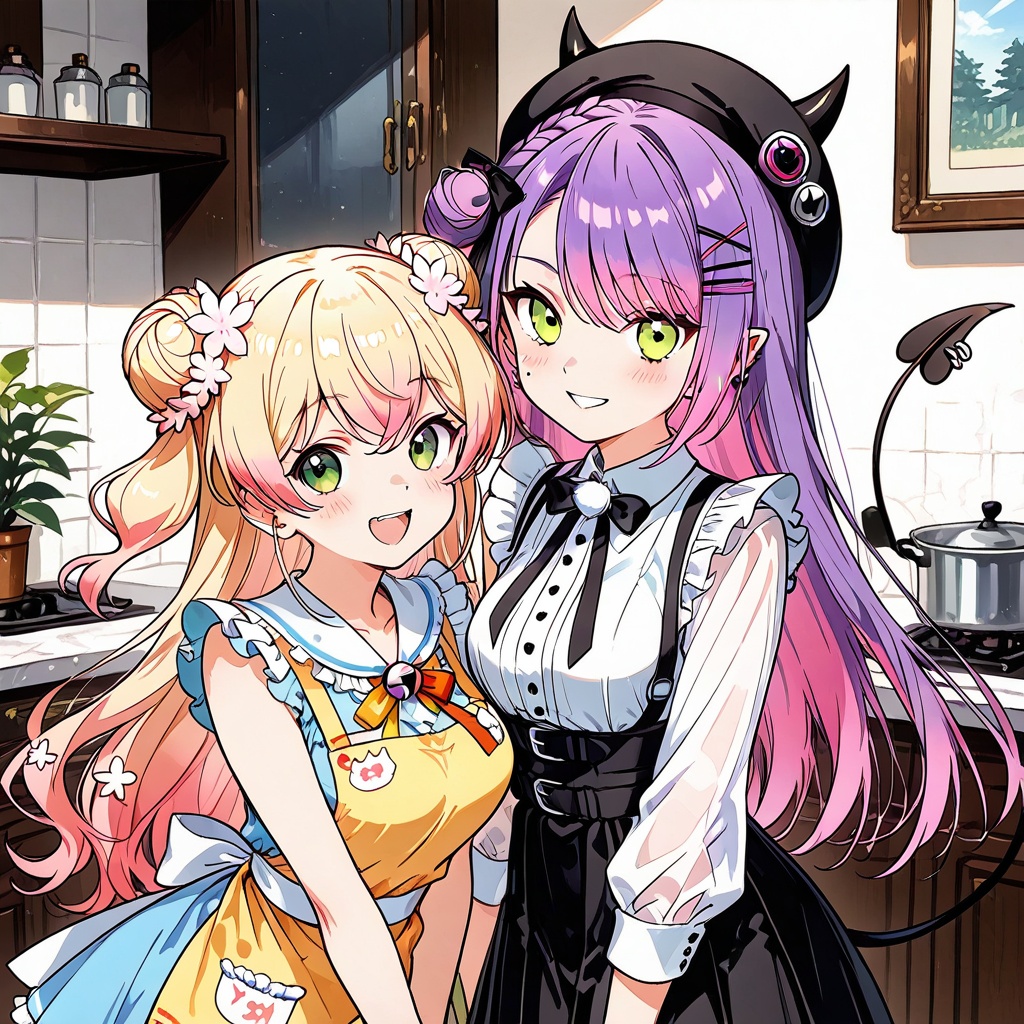 Melting,virtual youtuber, multiple girls, tokoyami towa, 2girls, green eyes, blonde hair, purple hair, long hair, hair ornament, momosuzu nene, hair bun, hat, smile, demon tail, food, looking at viewer, multicolored hair, pink hair, tail, hairclip, apron, horns, open mouth, cardigan, blush, gradient hair, bangs, breasts, flower, beret, hair flower, indoors, :d, ear piercing, two side up, skirt, piercing, short sleeves,(UHD),anatomically correct,accurate,textured skin,super detail,high details,award winning,best quality,high quality,retina,16k,HD,1080P,8k,