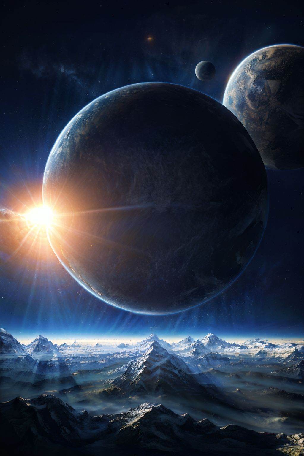 (masterpiece, best picture quality:1.3),realistic,planet,scenery,no humans,planet,sky,star \(sky\),mountain,outdoors,space,lens flare,<lora:planet_20240128144308:0.8>,