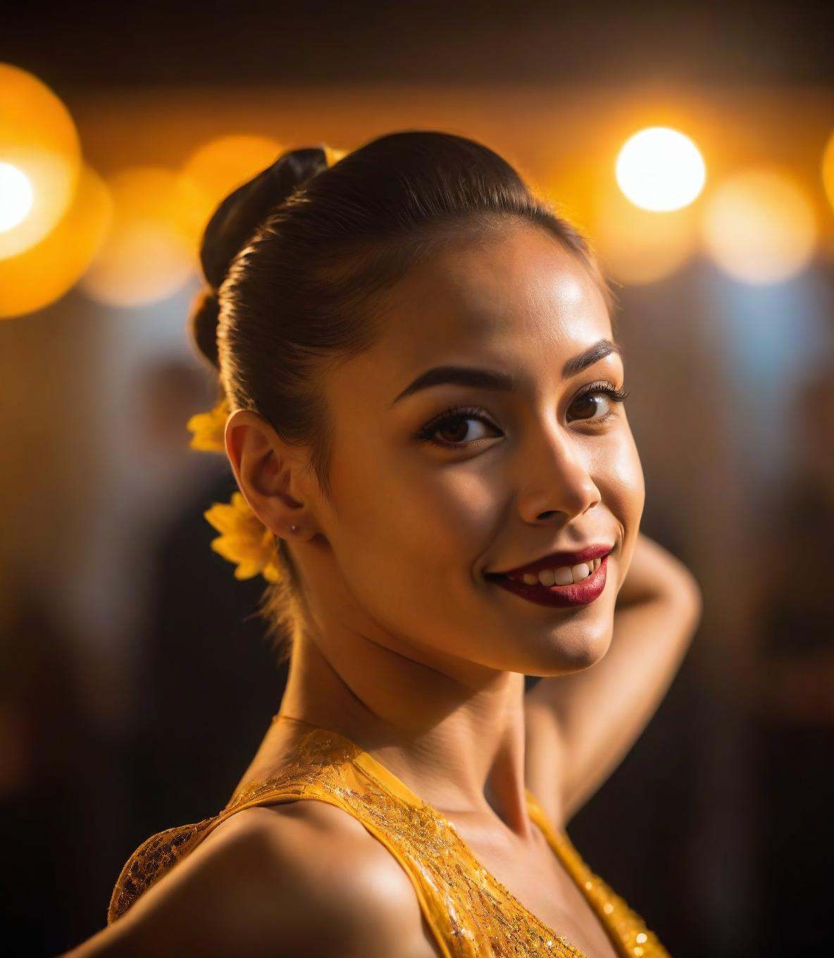 photograph,  ,  over the shoulder shot of a Funny Happy young_woman Ballroom Dancer on Tensor.Art