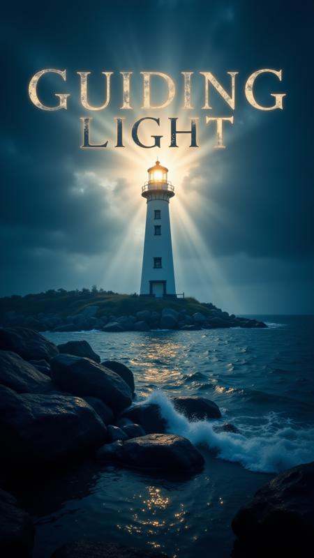 An artistic book cover featuring a glowing lighthouse standing tall on a rocky shore. The light from the lighthouse beams...