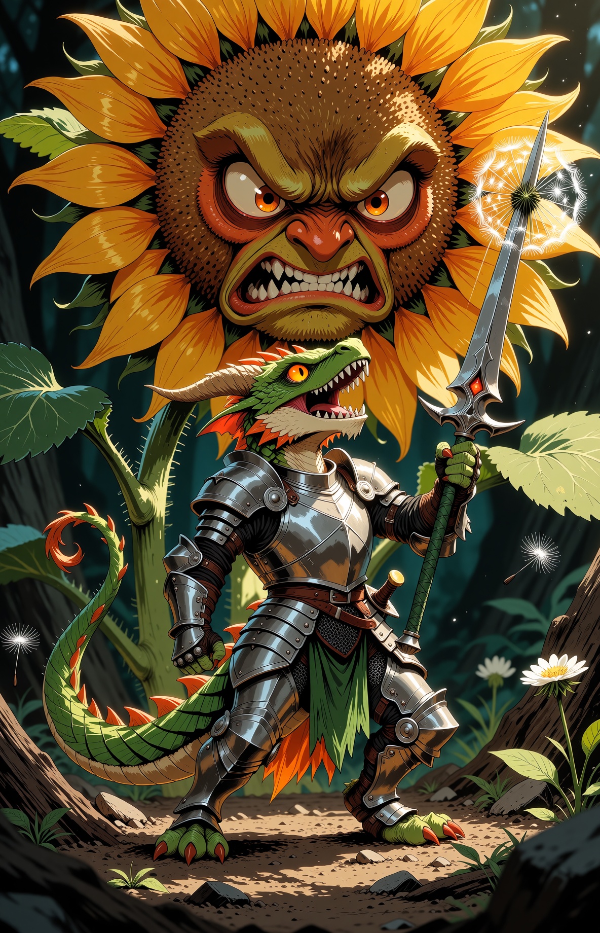 A pocket-sized dragon knight wearing fitted armor made from overlapping silver leaves carries a delicate dandelion lance....