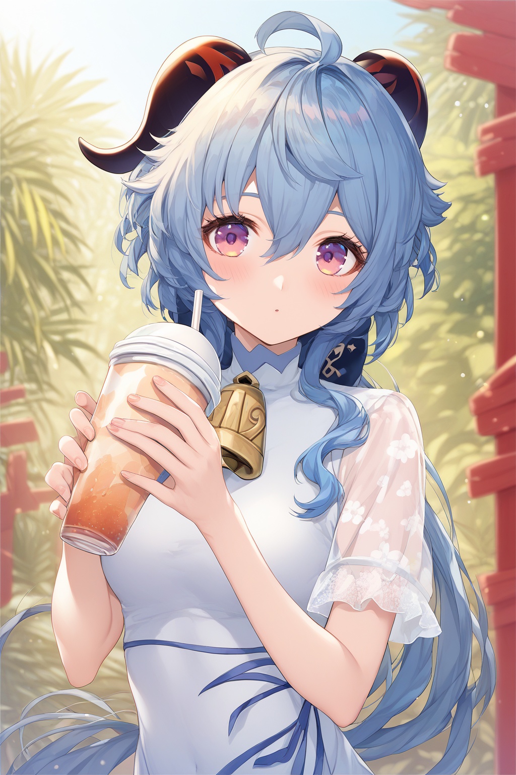 score_9,score_8_up,score_7_up,score_6_up,source_anime,source_cartoon,<lora:ganyuTuPONYXL-000008:1>,ganyu \(heytea\),ganyu \(genshin impact\),1girl,solo,horns,long hair,blue hair,purple eyes,drinking straw,looking at viewer,disposable cup,cup,drinking,holding,neck bell,holding cup,outdoors,breasts,upper body,blush,blurry,see-through sleeves,white china dress,looking down,short sleeves,