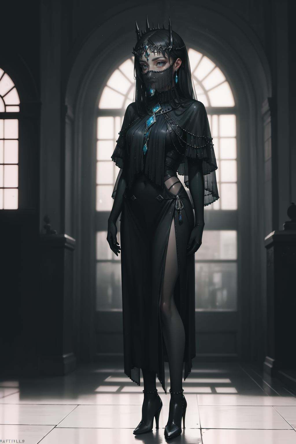 Film noir style faceveilmask,  (Beaded long mouth veil),  [luminescent iridescent azure forehead jewel on Tensor.Art
