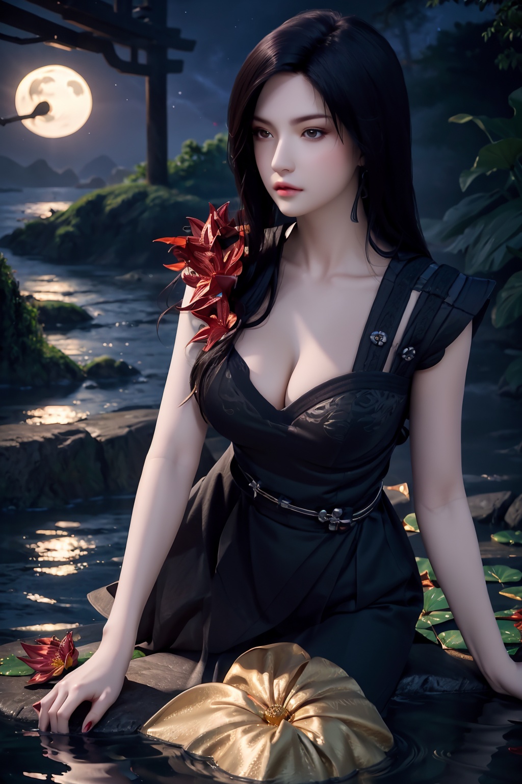 standing,dress,chinese clothes,flower,full_moon,moon,night,lily_pad,lotus,moonlight,nipples,water,night_sky,lily_\(flower\),sky,partially_submerged,1girl,solo,hair ornament,long hair,realistic,nail polish,photo_\(medium\),(big breasts, cleavage),makeup,(8k, RAW photo, best quality, masterpiece:1.2),(realistic, photorealistic:1.3),ultra-detailed,extremely detailed cg 8k wallpaper,(crystalstexture skin:1.2),extremely delicate and beautiful,(sexy pose:1.2),chinese dress,