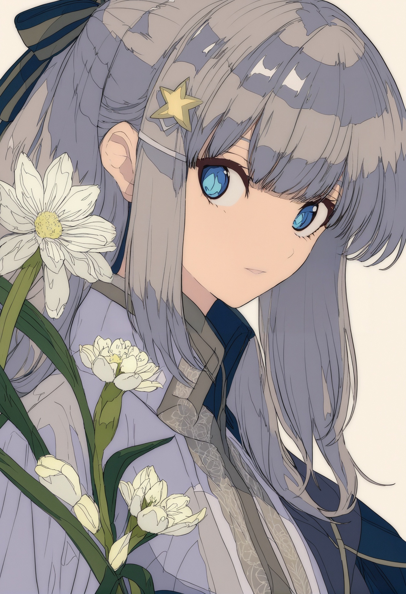 masterpiece, best quality,1girl, solo, flower, ribbon, grey hair, star \(symbol\), blue eyes, bangs, looking at viewer, white flower, parted lips, upper body, portrait, shirt, hair ornament, white shirt , <lora:焦茶XLlokr8f-000188:0.95> 