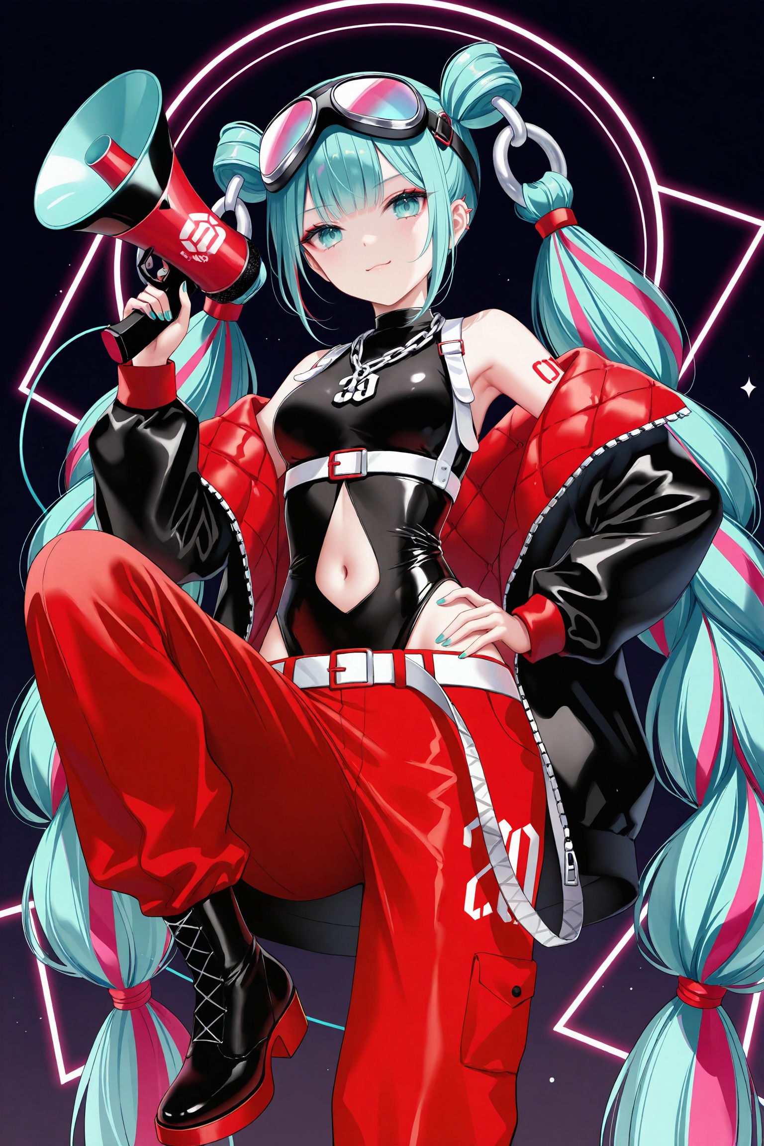 masterpiece,best quality,newest,absurdres,highres,soft shadows,photorealistic,(chen bin:0.5),(hiten \(hitenkei\):0.4),(rimuu:0.5),(mignon:0.5),(sheya:0.6),,<lora:MMM2023XLNAI:1>,magical mirai miku \(2023\),multicolored hair,goggles on head,open jacket,chain,navel cutout,red pants,leotard,black footwear,holding,hand on own hip